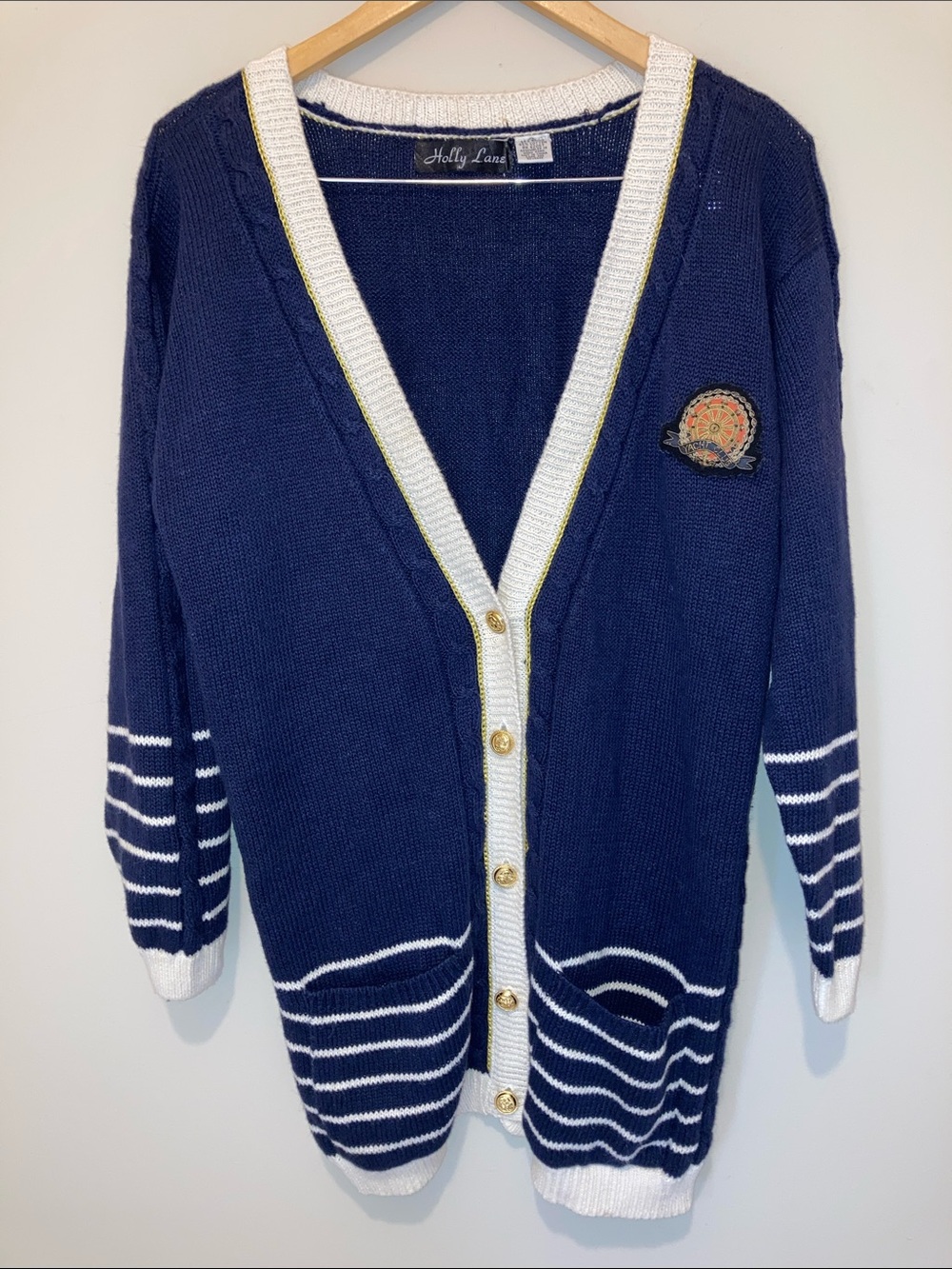 Vintage Holly Lane navy & White Striped V-Neck Cardigan SzM gold button details
